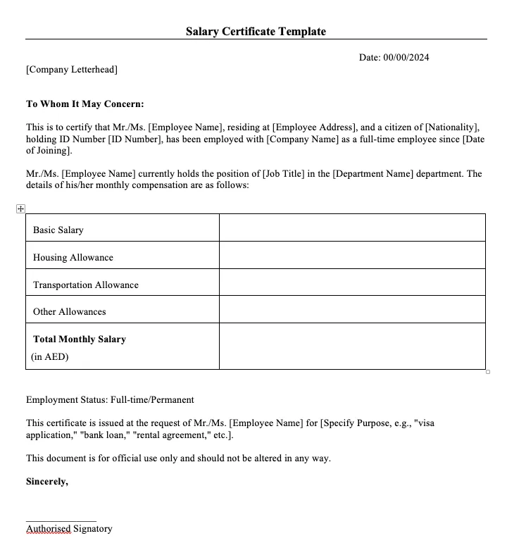 Salary Certificate template